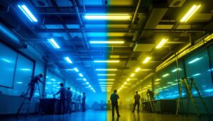 A photograph of a well-lit commercial space showcasing the contrast between traditional fluorescent lights and newly installed led fixtures