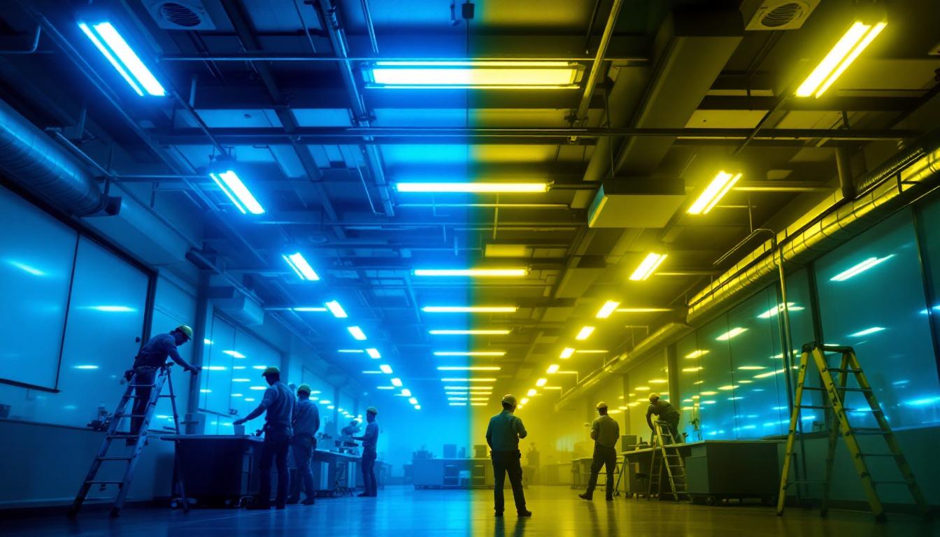 A photograph of a well-lit commercial space showcasing the contrast between traditional fluorescent lights and newly installed led fixtures