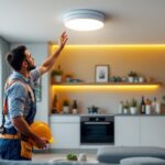 A photograph of a modern ceiling motion sensor light installed in a stylish home setting