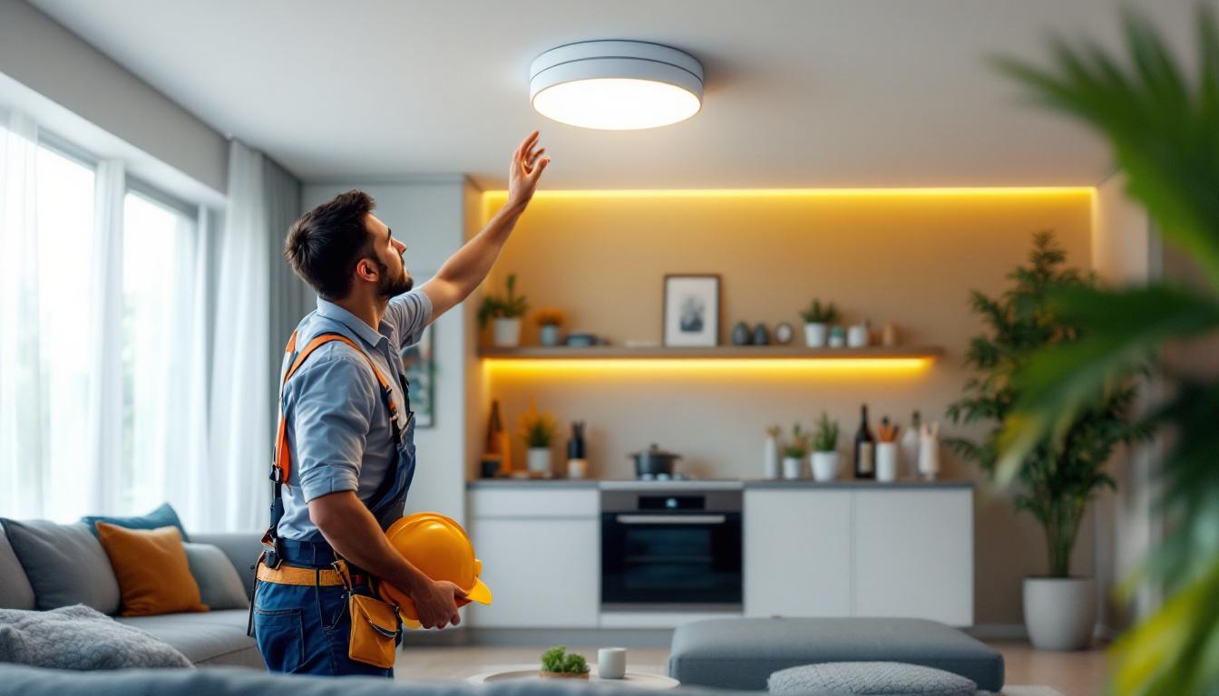A photograph of a modern ceiling motion sensor light installed in a stylish home setting