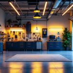 A photograph of a stylish and well-lit garage showcasing various innovative lighting solutions