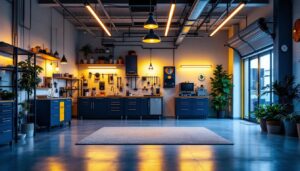 A photograph of a stylish and well-lit garage showcasing various innovative lighting solutions