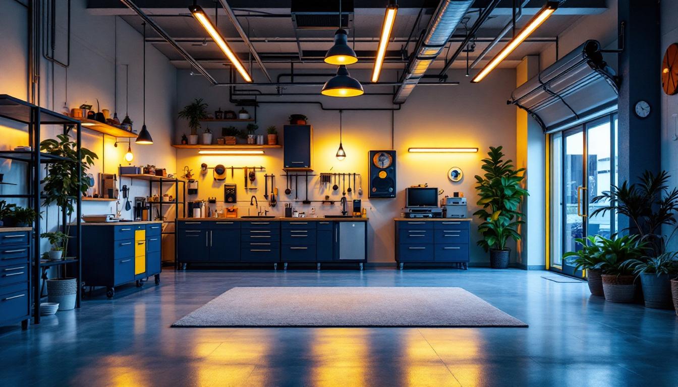 A photograph of a stylish and well-lit garage showcasing various innovative lighting solutions