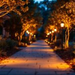 A photograph of a beautifully illuminated pathway lined with led solar lights at dusk