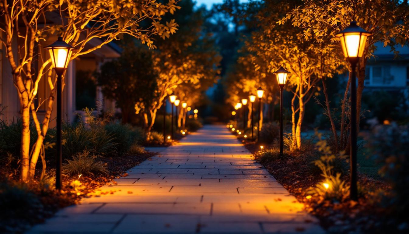 A photograph of a beautifully illuminated pathway lined with led solar lights at dusk