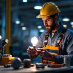 A photograph of a lighting contractor installing a type t halogen lamp in a commercial setting