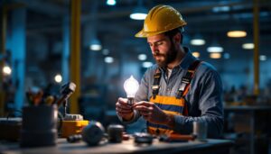 A photograph of a lighting contractor installing a type t halogen lamp in a commercial setting
