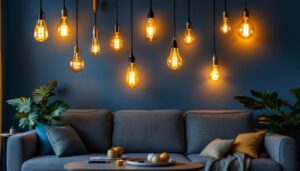 A photograph of a beautifully arranged room showcasing various stylish decorator light bulbs in use