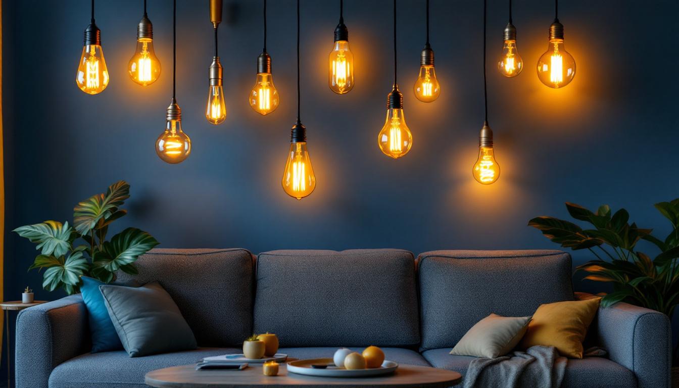 A photograph of a beautifully arranged room showcasing various stylish decorator light bulbs in use