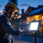A photograph of a well-lit outdoor space featuring solar led flood lights in action