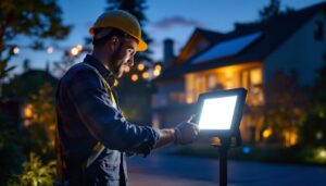 A photograph of a well-lit outdoor space featuring solar led flood lights in action
