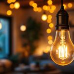 A photograph of a stylish decorative lamp bulb illuminated in a cozy