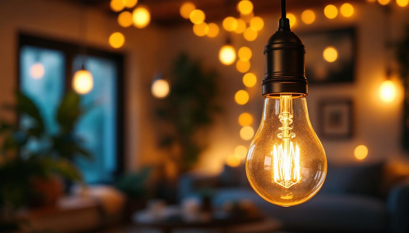 A photograph of a stylish decorative lamp bulb illuminated in a cozy