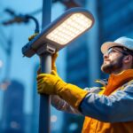 A photograph of a lighting contractor installing or adjusting a modern light pole head in an urban or commercial setting