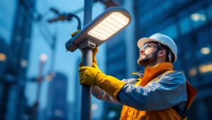 A photograph of a lighting contractor installing or adjusting a modern light pole head in an urban or commercial setting