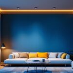 A photograph of a well-lit living space featuring modern ceiling lights