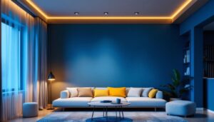 A photograph of a well-lit living space featuring modern ceiling lights
