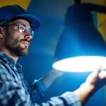 A photograph of a lighting contractor installing or showcasing a sleek