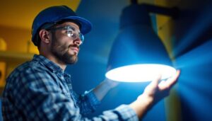 A photograph of a lighting contractor installing or showcasing a sleek