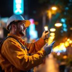 A photograph of a skilled lighting contractor installing or adjusting commercial outdoor led lighting fixtures in a vibrant