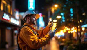 A photograph of a skilled lighting contractor installing or adjusting commercial outdoor led lighting fixtures in a vibrant