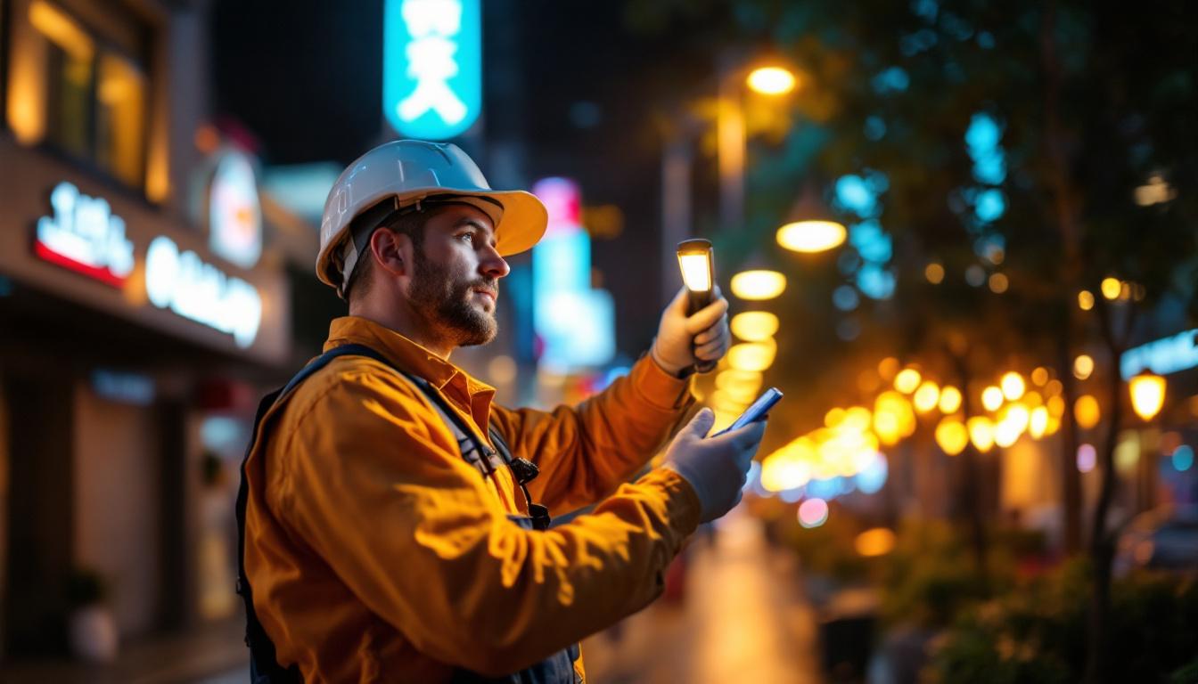A photograph of a skilled lighting contractor installing or adjusting commercial outdoor led lighting fixtures in a vibrant