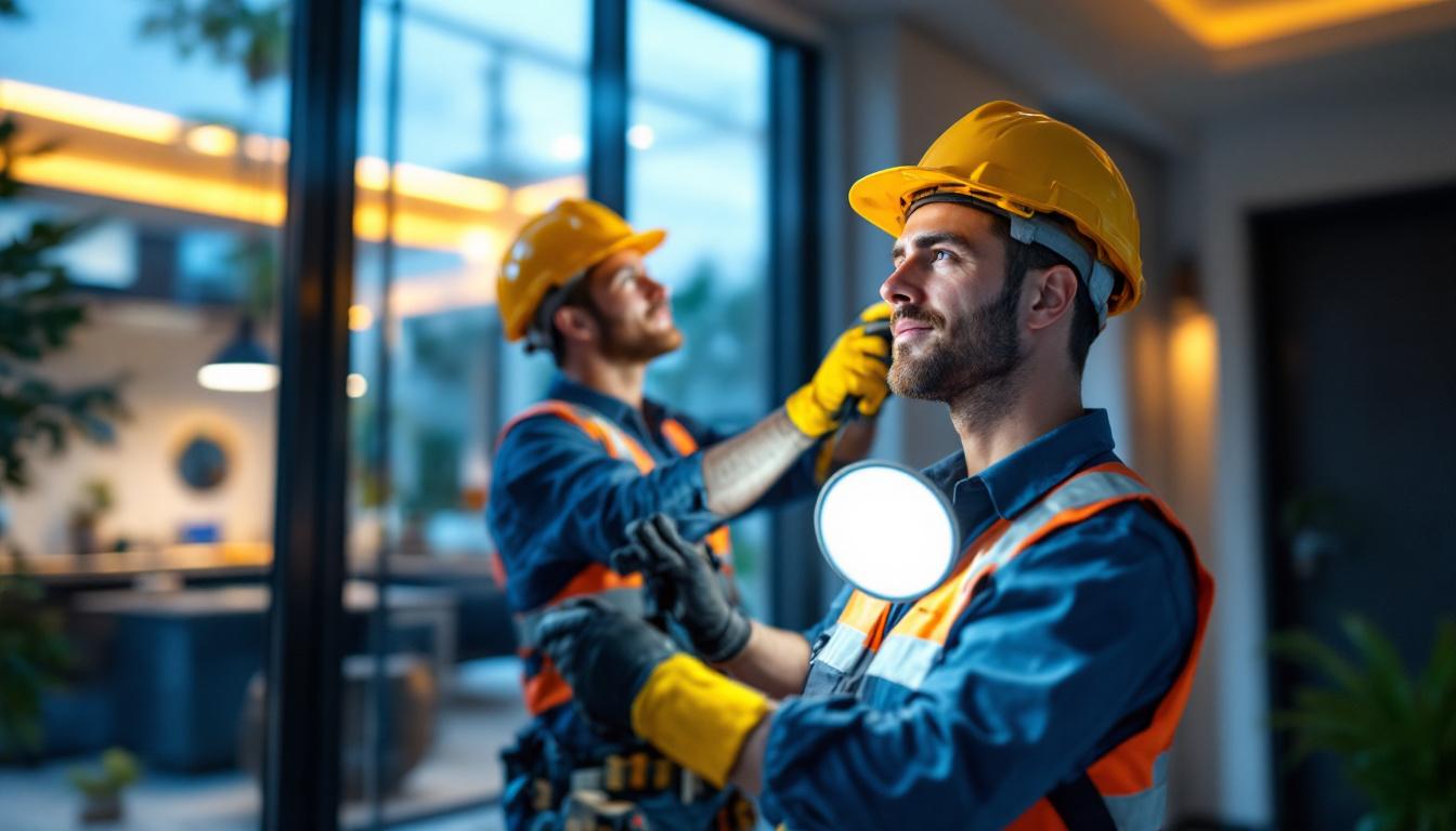 A photograph of a lighting contractor expertly installing wafer led lights in a modern residential setting