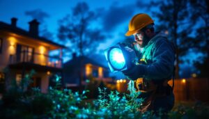 A photograph of a lighting contractor skillfully installing vibrant colored flood light bulbs in an outdoor setting