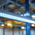 A photograph of a 4ft led vapor tight light fixture installed in a commercial or industrial setting