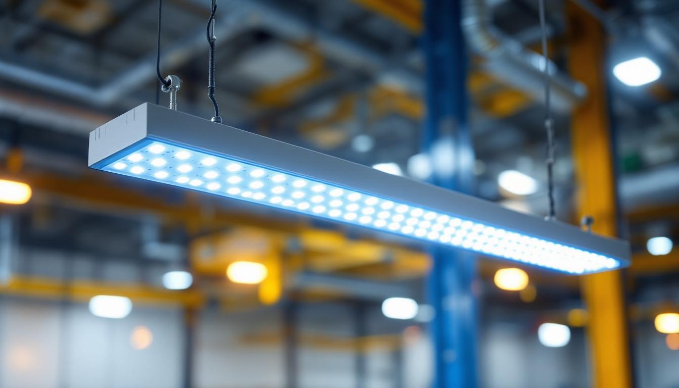 A photograph of a 4ft led vapor tight light fixture installed in a commercial or industrial setting