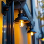 A photograph of a well-designed outdoor industrial light fixture installed in a commercial setting