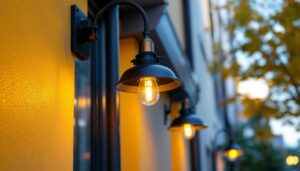 A photograph of a well-designed outdoor industrial light fixture installed in a commercial setting