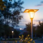 A photograph of a well-lit canopy light pole in an outdoor setting during dusk