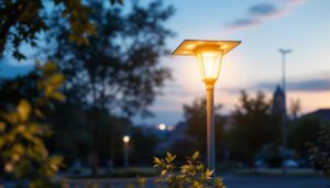 A photograph of a well-lit canopy light pole in an outdoor setting during dusk
