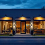 A photograph of a well-lit commercial exterior showcasing various types of exterior lighting installations