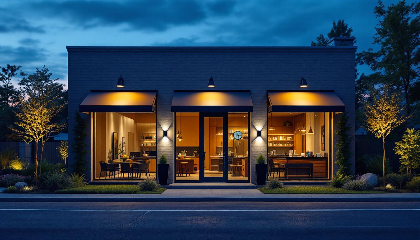 A photograph of a well-lit commercial exterior showcasing various types of exterior lighting installations