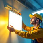 A photograph of a lighting contractor expertly replacing a fluorescent light fixture with a sleek led panel in a commercial setting