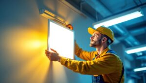 A photograph of a lighting contractor expertly replacing a fluorescent light fixture with a sleek led panel in a commercial setting