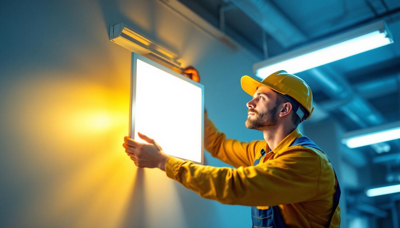 A photograph of a lighting contractor expertly replacing a fluorescent light fixture with a sleek led panel in a commercial setting