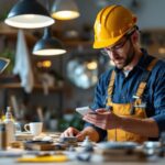 A photograph of a skilled lighting contractor inspecting various lighting fixtures in a well-lit workspace