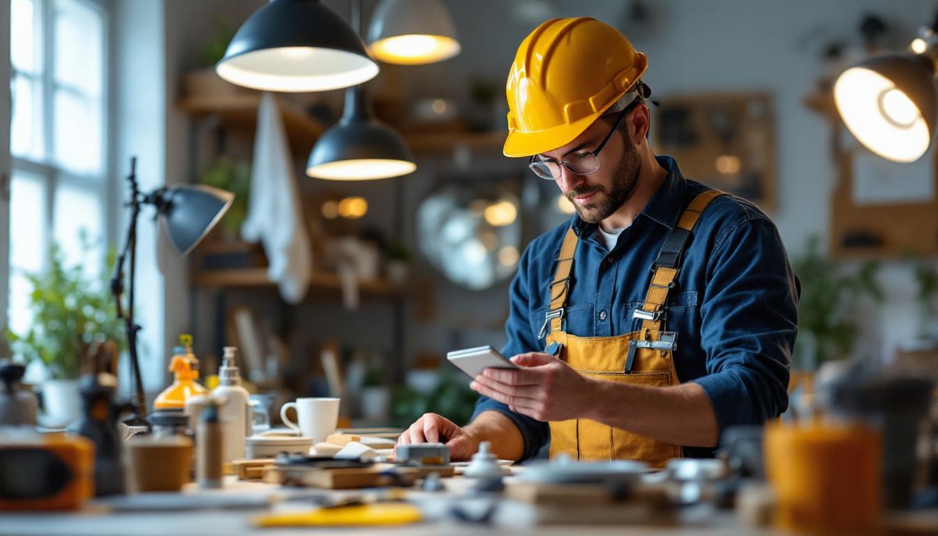A photograph of a skilled lighting contractor inspecting various lighting fixtures in a well-lit workspace