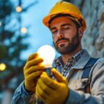 A photograph of a lighting contractor installing a solar-powered light bulb in an outdoor setting