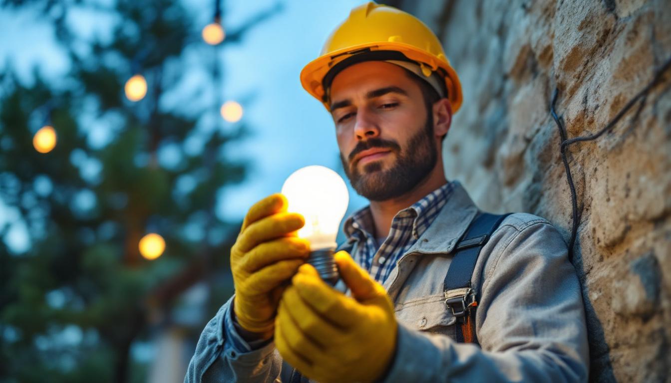 A photograph of a lighting contractor installing a solar-powered light bulb in an outdoor setting