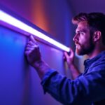 A photograph of a lighting contractor skillfully installing 4' led strip lights in a modern space
