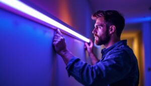 A photograph of a lighting contractor skillfully installing 4' led strip lights in a modern space