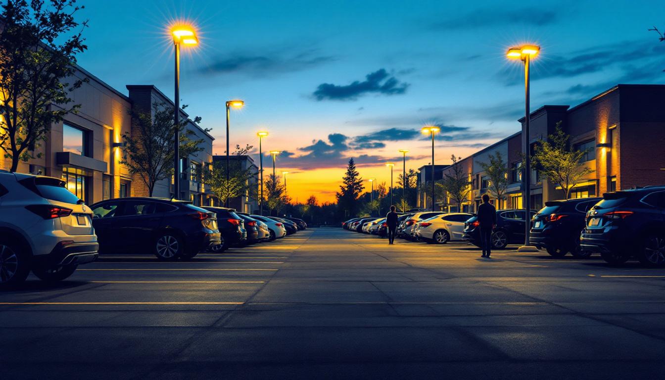 A photograph of a well-lit commercial parking lot at dusk