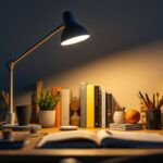 A photograph of a well-designed workspace featuring a goose neck lamp positioned to illuminate a reading or work area