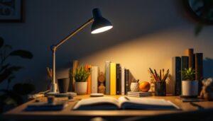 A photograph of a well-designed workspace featuring a goose neck lamp positioned to illuminate a reading or work area