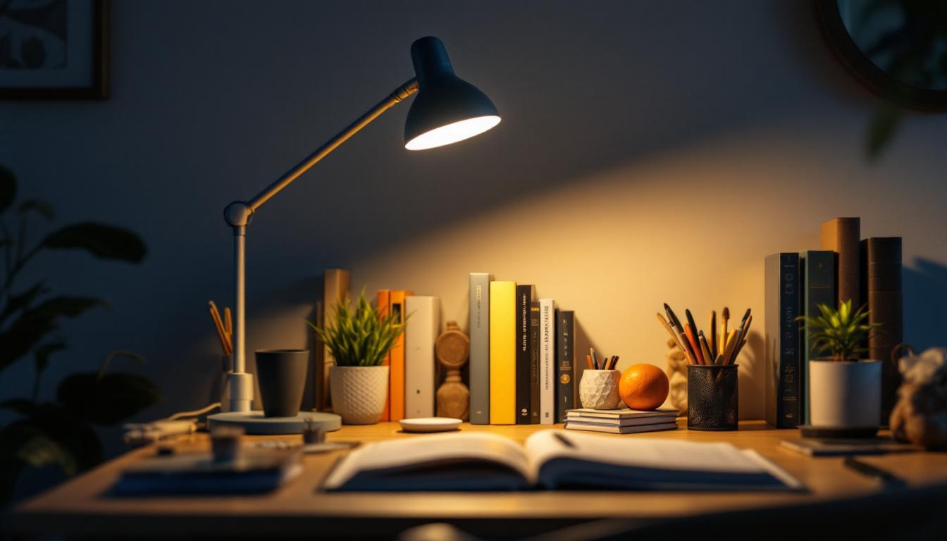 A photograph of a well-designed workspace featuring a goose neck lamp positioned to illuminate a reading or work area