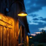 A photograph of a beautifully designed gooseneck barn light illuminating a rustic barn setting at dusk